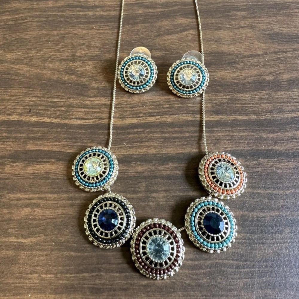 Colorful Circular Pendant Necklace and Earring Set